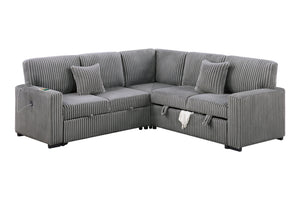 English Elm Modern Corduroy Three Piece Sectional Sofa with Storage Pull Out Bed and Usb Charging B011S02171