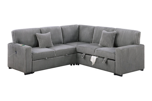 English Elm Modern Corduroy Three Piece Sectional Sofa with Storage Pull Out Bed and Usb Charging B011S02171