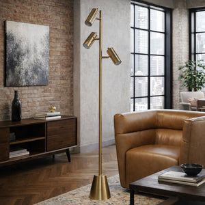 English Elm Lumina Brushed Gold Triple Spotlight Floor Lamp with Adjustable Cone Heads for Any Room B183P231758