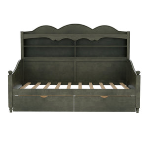 English Elm Twin Daybed Retro Wood Frame with Under Bed Drawers and Headboard Shelving Antique Grey N733S415358E
