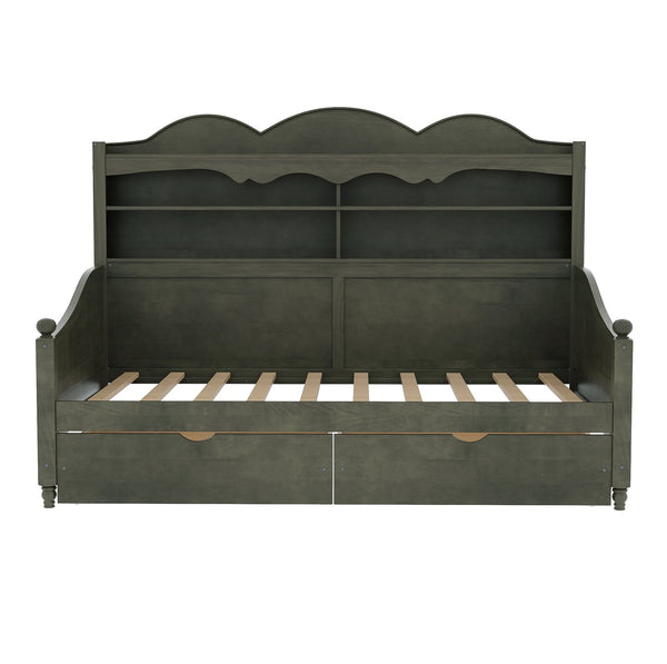 English Elm Twin Daybed Retro Wood Frame with Under Bed Drawers and Headboard Shelving Antique Grey N733S415358E