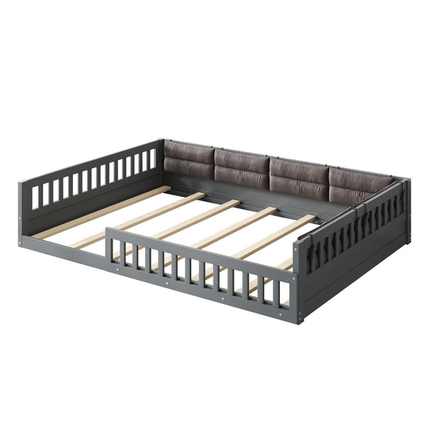English Elm Wood Full Size Upholstered Platform Bed with Guardrail and Head Pillow, Sleek Silhouette, Sturdy 600lb Capacity Gray WF323090AAE