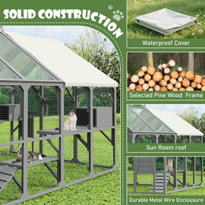 English Elm Large Walk-in Pine Catio Multi-cat Enclosure with Seven Platforms and Weatherproof Roof N704G201613E