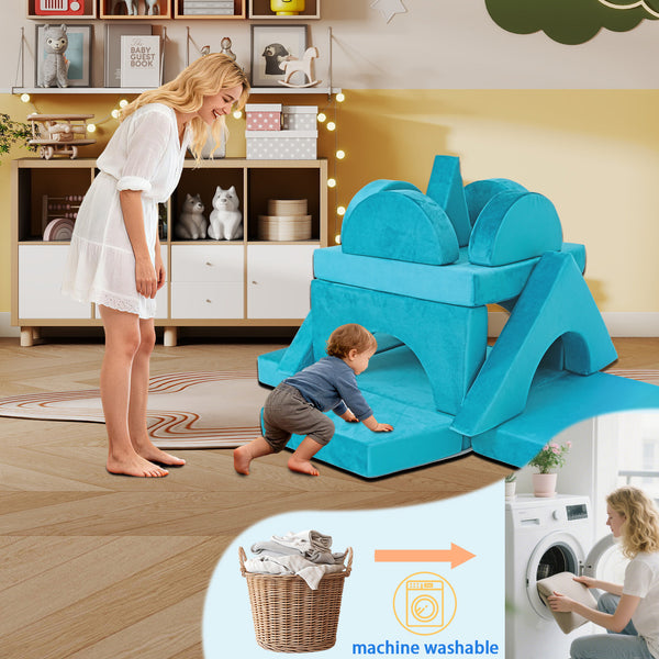 English Elm 15pcs Modular Toddler Play Couch Set Velvet Foam Fort Building Playroom Seating Cyan T5880P493416
