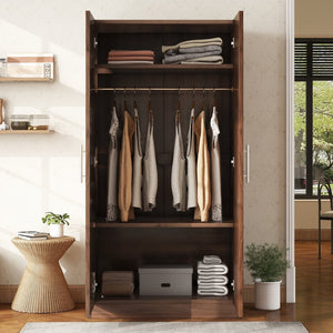 English Elm 2-Door Pine Wood Wardrobe Armoire with Rod & 3 Shelves, Brown Grain Finish—Sturdy 300lb Capacity GX001833AAD