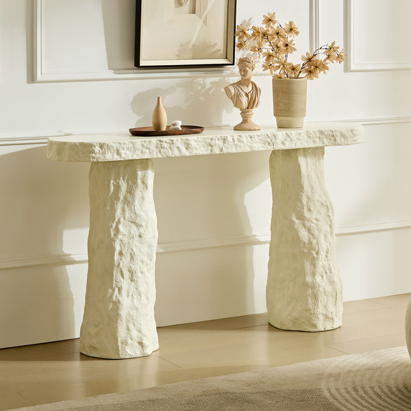English Elm 53.94 Inch Sculptural Fiberglass Console Table with Stone Look Pillar Legs for Entryway W2582S00199