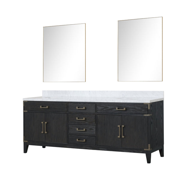 English Elm Black Oak Double Bath Vanity 84" W With Carrara Marble Top & 36" Mirrors - Stylish Storage Solution! B2731S02158