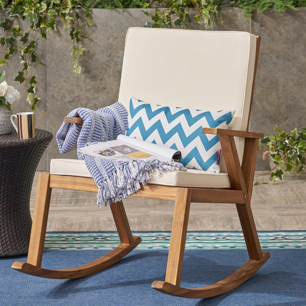 English Elm Champlain Outdoor Acacia Wood Rocking Chair with Cross-back Design and Cushions Cream 62685.00