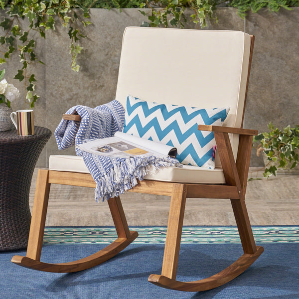 English Elm Champlain Outdoor Acacia Wood Rocking Chair with Cross-back Design and Cushions Cream 62685.00
