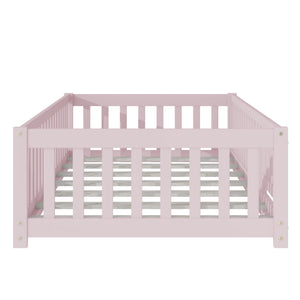 English Elm Twin Solid Rubberwood Floor Bed with Full Perimeter Safety Rails for Toddler Rooms Pink W504P296782