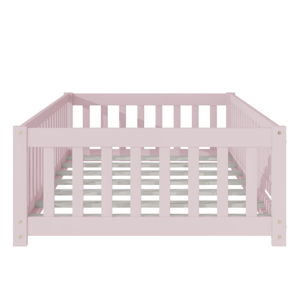 English Elm Twin Solid Rubberwood Floor Bed with Full Perimeter Safety Rails for Toddler Rooms Pink W504P296782