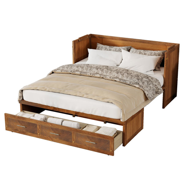English Elm Queen Murphy Cabinet Bed Pine Wood Geometric Panels Usb Charging Guest Room Storage W504S00303