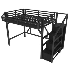 English Elm Twin Metal Loft Bed with Wardrobe Storage Stairs Led Lighting and Usb Ports W1580S00405