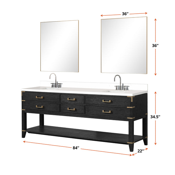 English Elm Black Oak Double Bath Vanity With White Quartz Top, Chrome Faucet, & Two 36" Mirrors For Luxury Spaces B2731S02206