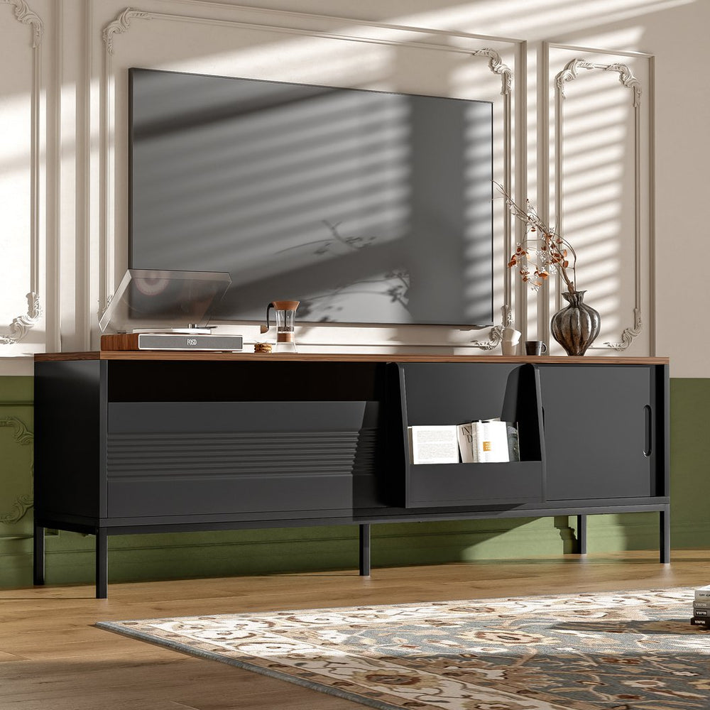 English Elm U-can Mid Century Walnut Media Console with Sliding Doors and Metal Frame for Living Rooms Black N724P360370B
