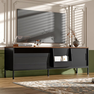 English Elm U-can Mid Century Walnut Media Console with Sliding Doors and Metal Frame for Living Rooms Black N724P360370B