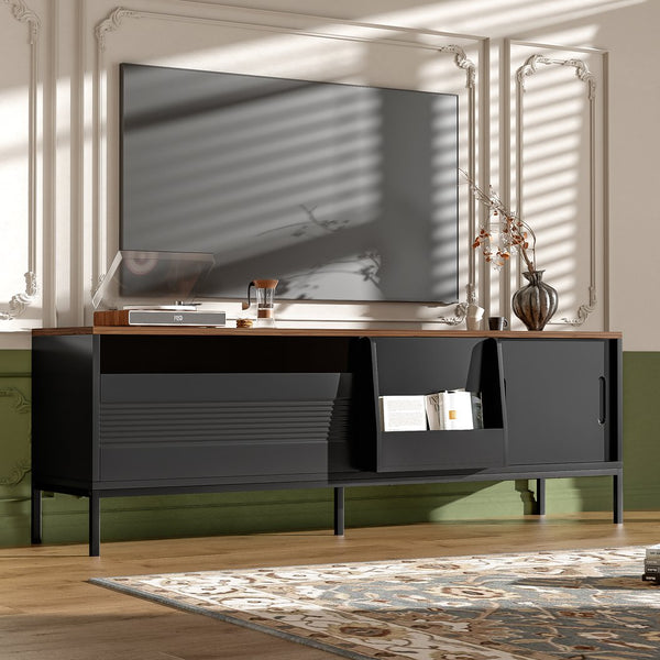 English Elm U-can Mid Century Walnut Media Console with Sliding Doors and Metal Frame for Living Rooms Black N724P360370B