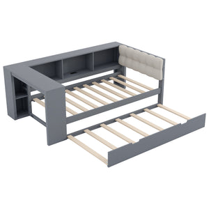 English Elm Wood Twin Platform Bed Linen Headboard Storage Shelves Trundle Charging Station Gray N709P004023E