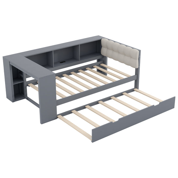 English Elm Wood Twin Platform Bed Linen Headboard Storage Shelves Trundle Charging Station Gray N709P004023E
