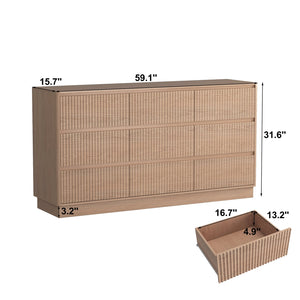 English Elm 9 Drawer Matte Wood Dresser with Wave Front Mid Century Modern Low Profile Storage Natural W409P387580
