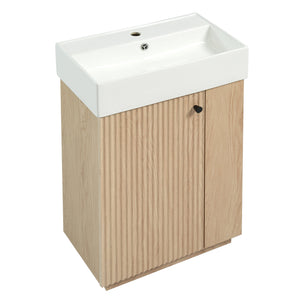 English Elm [video]21.6" Freestanding Bathroom Vanity Ceramic Sink Wavy Door Mdf Cabinet Small Bath Wood N729P285504N