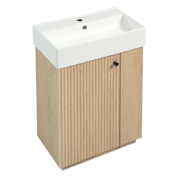 English Elm [video]21.6" Freestanding Bathroom Vanity Ceramic Sink Wavy Door Mdf Cabinet Small Bath Wood N729P285504N