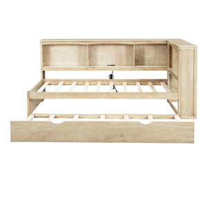 English Elm Twin Size Daybed with Trundle, Built-In Storage Cabinets, Curved Details and Dual USB Ports for Small Spaces Wood GX000353AAD
