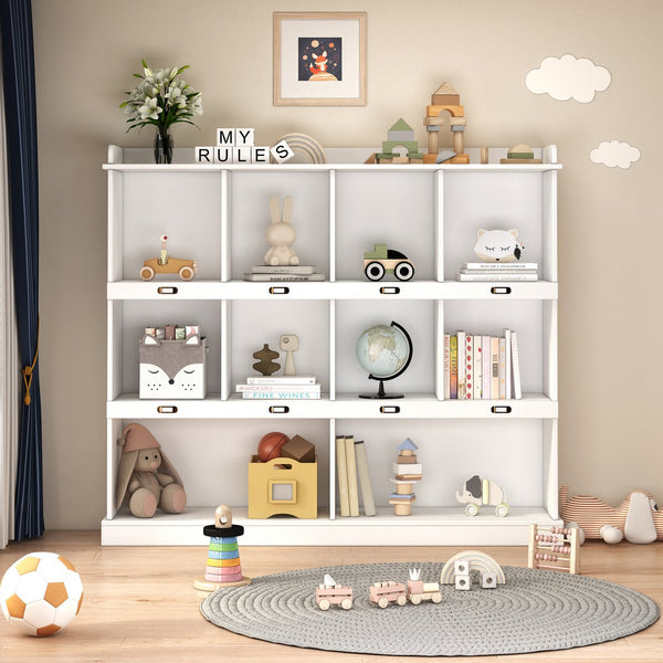 English Elm 10-shelf Bookcase with Cubby Storage and Label Holders, Melamine-Finish Wood Organizer for Home and Office White W33165697