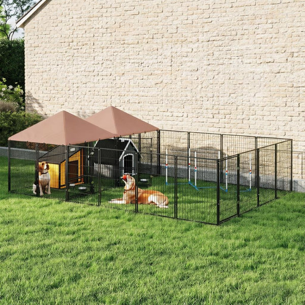 English Elm Large Steel Welded Wire Outdoor Dog Kennel Two Rooms Pvc Roof Adjustable Bowls T3971S00246