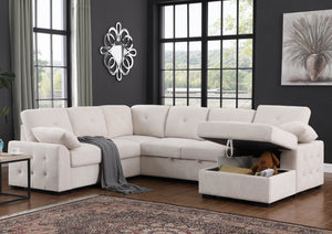 English Elm Nyhan Upholstered Corner Sectional with Pull-Out Loveseat and Storage Chaise, Chenille Elegance Beige B102S00080