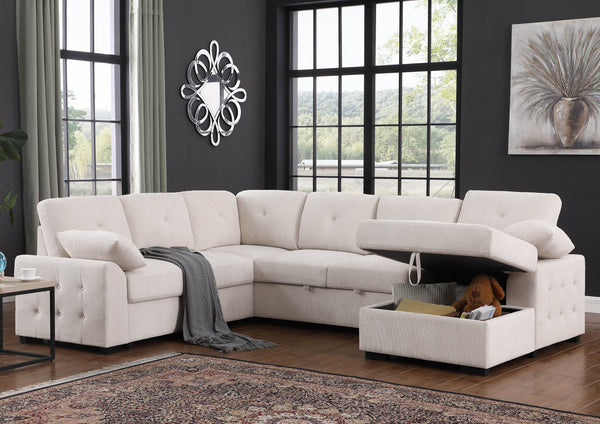 English Elm Nyhan Upholstered Corner Sectional with Pull-Out Loveseat and Storage Chaise, Chenille Elegance Beige B102S00080