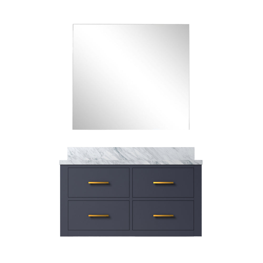 English Elm Blue Single Bath Vanity with Carrara Marble Top, Soft-Close Drawers & 34" Frameless Mirror, 36" B2731S01434