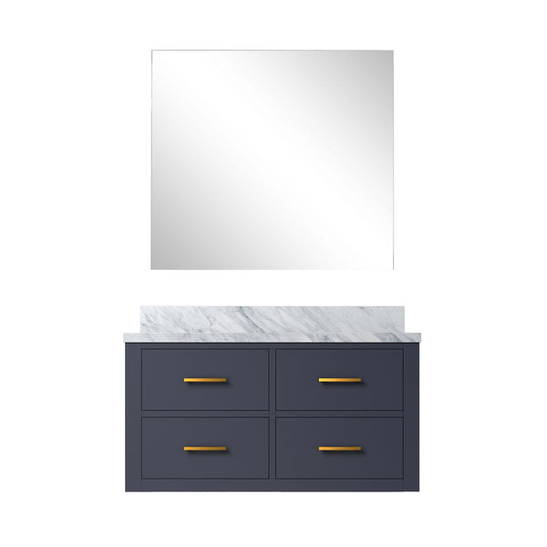 English Elm Blue Single Bath Vanity with Carrara Marble Top, Soft-Close Drawers & 34" Frameless Mirror, 36" B2731S01434