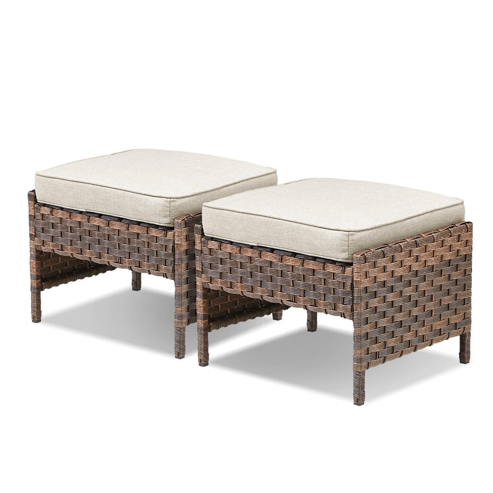 English Elm Outdoor Handwoven Pe Wicker Ottoman Set Rust Resistant Patio Footrests with Cushions Beige T3773P417376