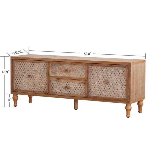 English Elm Rattan Mid-Century TV Stand 63.8" for TVs up to 65" — Rattan Doors, 2 Drawers, Adjustable Shelf, Cord Management W3040P382306