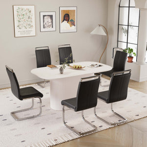 English Elm 63 Inch Cream Mdf Dining Table with 6 Pu Leather Chairs Silver Metal Base Set W2189S00882