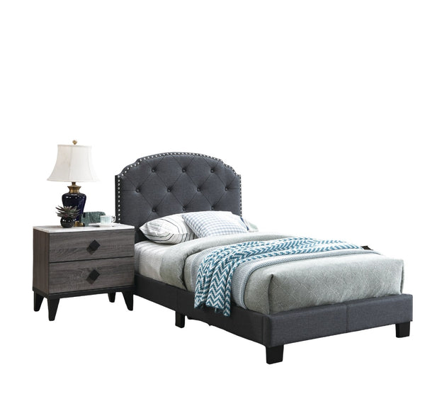 English Elm Light Gray Burlap Upholstered Twin Bed with Button Tufted Headboard and Nailhead Trim Charcoal B011P415174