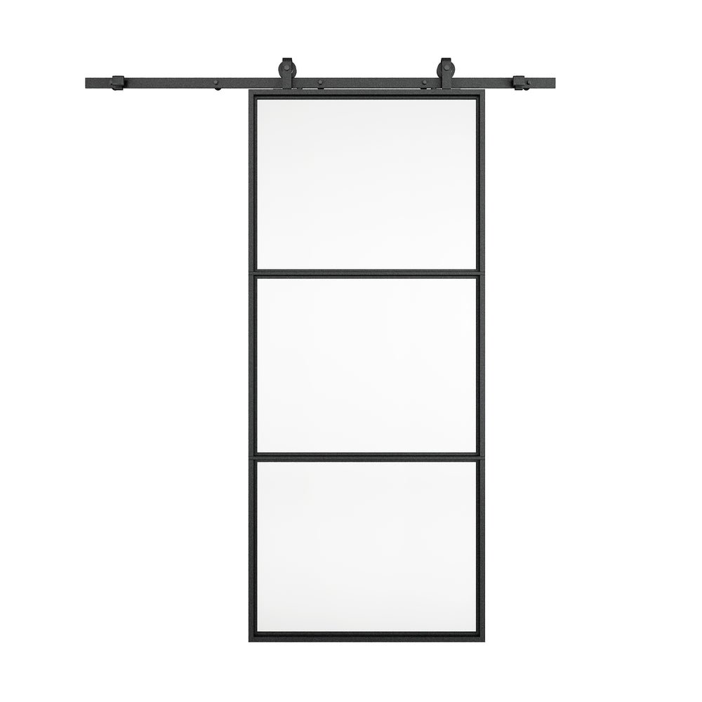 English Elm 30 in Matte Black Steel Sliding Barn Door Frosted Glass Privacy Panel with Hardware B2763P483194