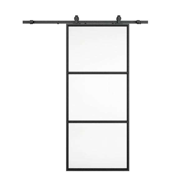 English Elm 30 in Matte Black Steel Sliding Barn Door Frosted Glass Privacy Panel with Hardware B2763P483194