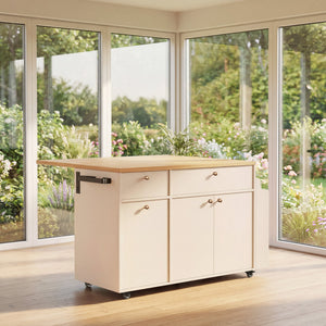 English Elm Kitchen Rolling Cart with Black Marble Top Drop Leaf Drawers and Spice Rack Storage White B2764S00003