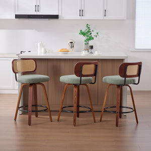 English Elm Set of 2 Swivel Counter Stools Walnut Frame Rattan Back Linen Seat Kitchen Island Light Green W1143P392164