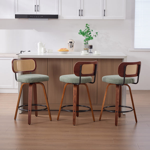 English Elm Set of 2 Swivel Counter Stools Walnut Frame Rattan Back Linen Seat Kitchen Island Light Green W1143P392164
