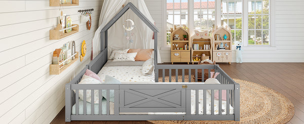 English Elm Twin House Floor Bed with Door and Full-Length Guardrails, Solid Wood Double Twin Floor Bed for Kids' Playful Rooms Grey W1580P354638