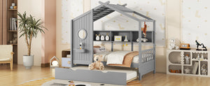 English Elm Wooden Twin House Bed with Trundle and 3 Back Shelves, Pine Frame Playful Loft Design for Kids Gray 41.7 L x 16.25 W x 6 H N733S316110E