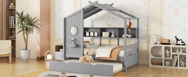 English Elm Wooden Twin House Bed with Trundle and 3 Back Shelves, Pine Frame Playful Loft Design for Kids Gray 41.7 L x 16.25 W x 6 H N733S316110E