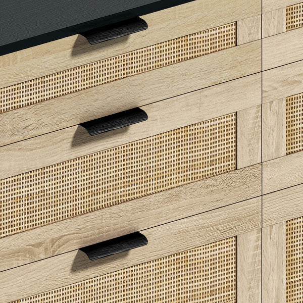 English Elm 51" Rattan Dresser with Six Drawers, Stylish Woven Storage Chest with Metal Handles and Wood Legs for Bedroom Hallway Living Room Black W757P209508