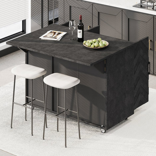 English Elm K&K Farmhouse Kitchen Island with 3D Wave Stripes Ash Veneer, Drop Leaf, Rolling Cart Storage Black N707P207915B