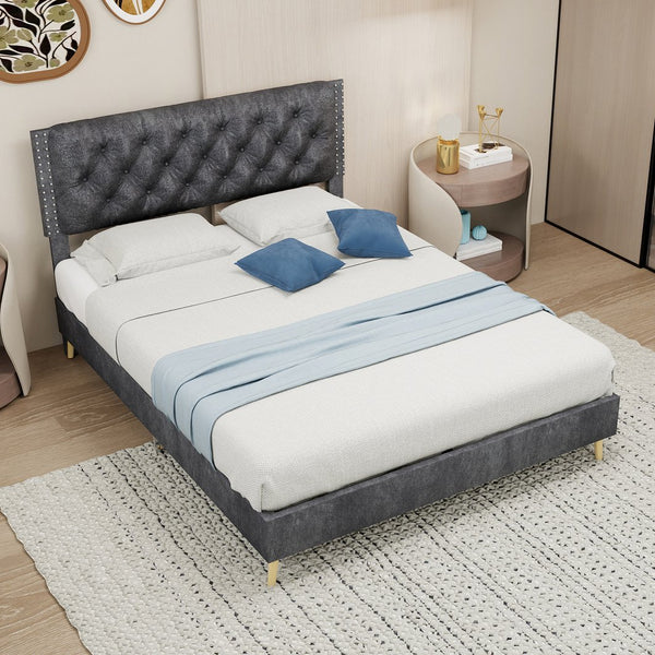 English Elm Suede Tufted Platform Bed Full Size Upholstered Headboard for Restful Bedroom Retreat Grey W1935P360997