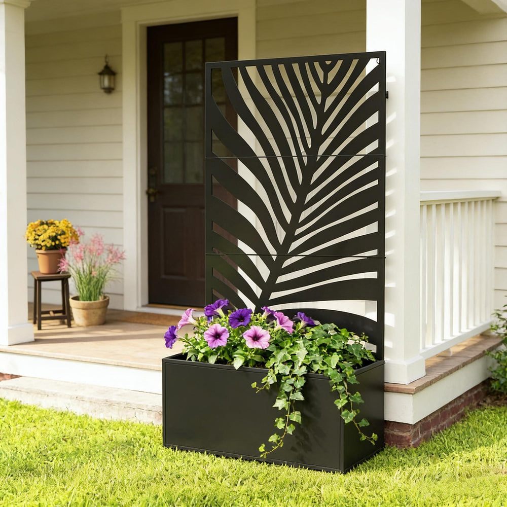 English Elm Raised Metal Garden Bed with Tall Diamond Trellis Powder Coated Outdoor Privacy Planter T3971P455175