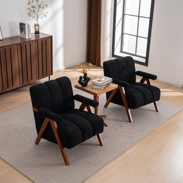 English Elm Mid-century Modern Chenille Lounge Chair Set Oak Frame Cloud Silhouette Living Room Black W1170S00051